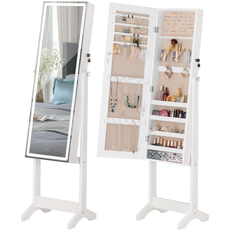 LUXFURNI LED Light Jewelry Cabinet Standing Full Screen Mirror Makeup Lockable Armoire Reviews Wayfair